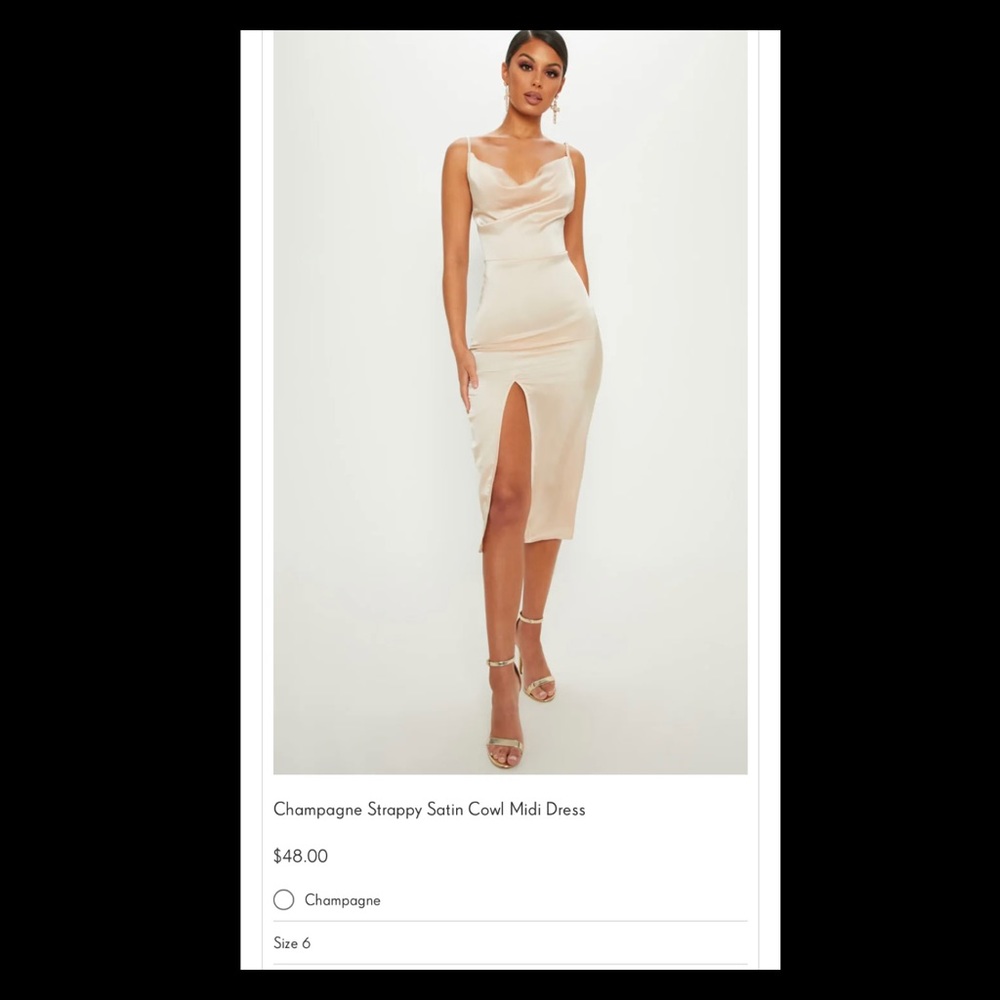 PrettyLittleThing Champagne Satin Strappy Midi Dress. Size 6.